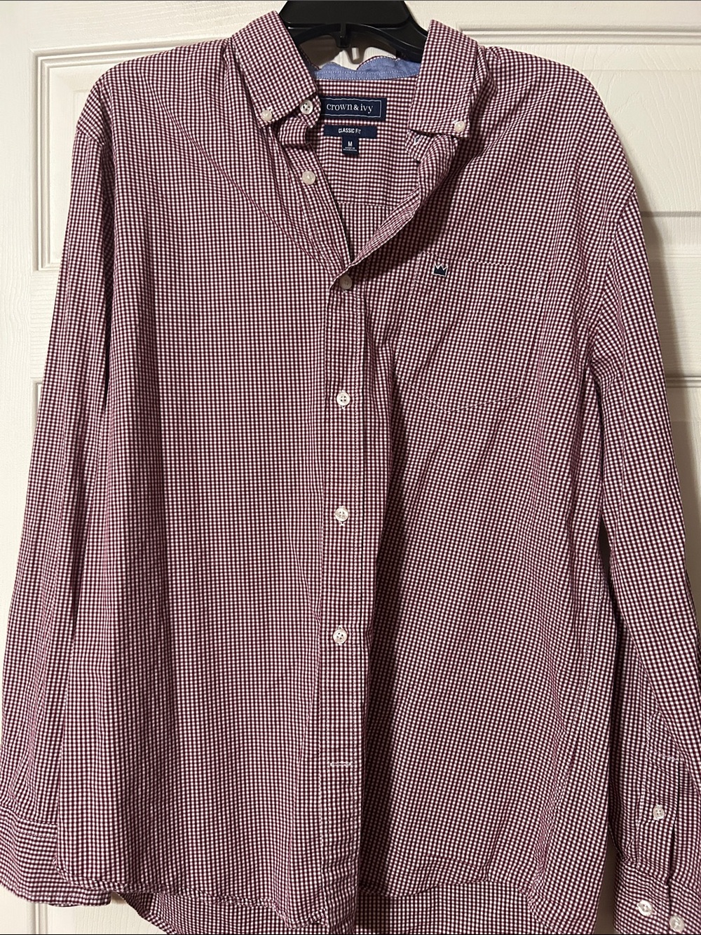 crown & ivy - Medium - Men’s Maroon and White Micro-Check Button-Down Shirt